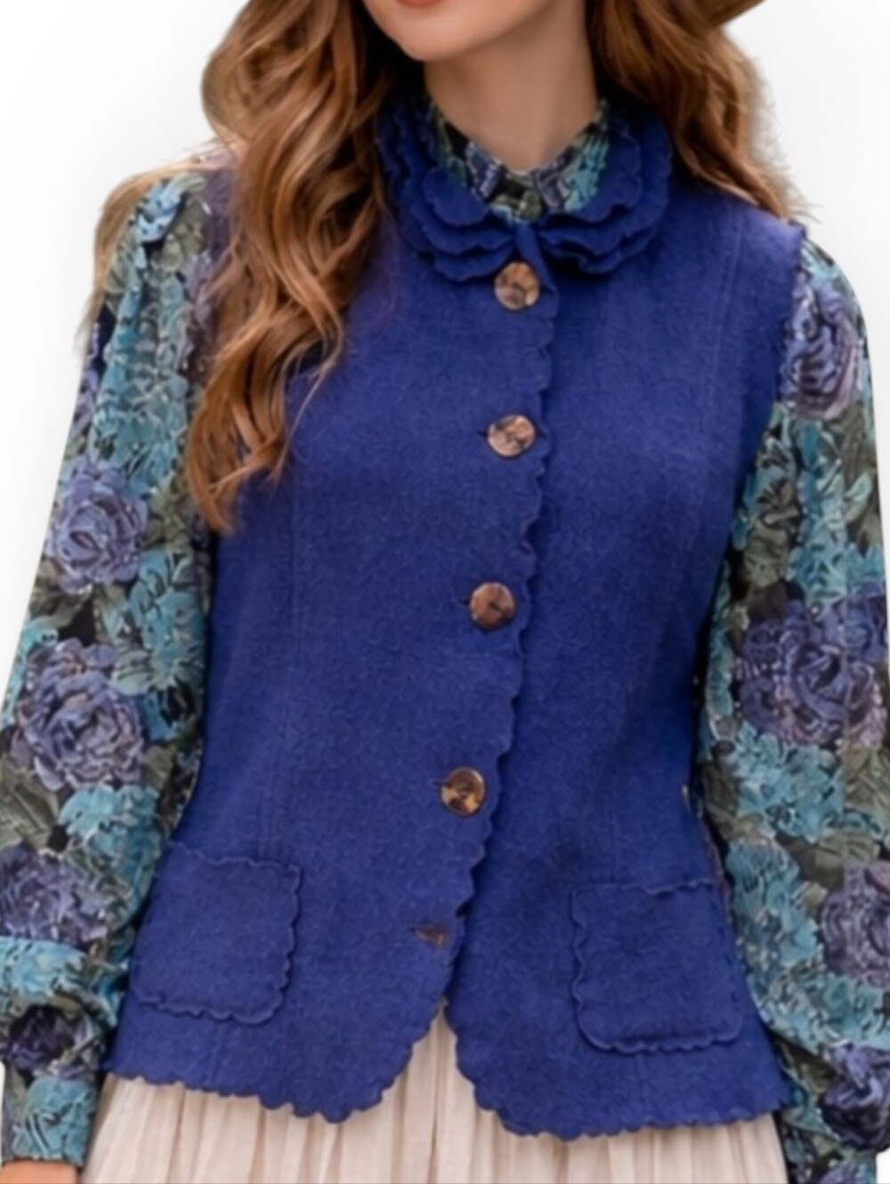 VENARIO Whimsical Blue 100% Wool Scalloped Edge Button Front Vest XL